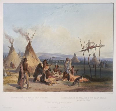 Funeral Scaffold of a Sioux Chief Near Fort Pierre, engraved by J. Hurliman, published in 1839 by Karl Bodmer
